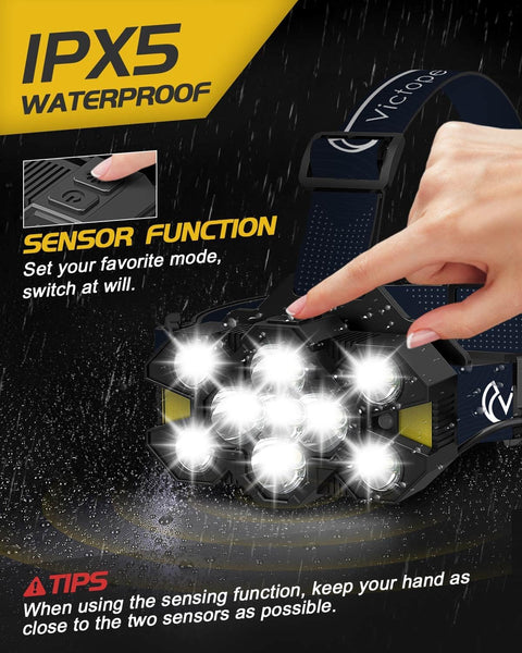 Victoper Head Torch Rechargeable v10000 Upgraded 22000 Lumen Torches LED Super Bright Headlight 10 LEDs Modes Hands-Free Flashlight for Camping Fishing Cycling Hiking Waterproof, Black