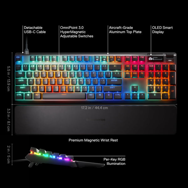 SteelSeries Apex Pro Gen 3 Gaming Keyboard - OmniPoint 3.0 HyperMagnetic Switches - Adjustable Actuation - Rapid Trigger - Game-Ready Presets - Rapid Tap/SOCD - OLED - RGB - USB-C - English QWERTY