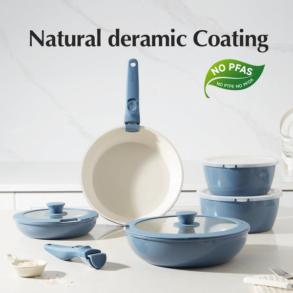 Redchef Ceramic Pots and Pans Set Non Stick, 16 pcs Nonstick Cookware Set with Detachable Handle, Non Toxic, PFAS PFOA & PTFE Free, RV Ceramic Cookware Set for Camping, Oven Safe (Pink)