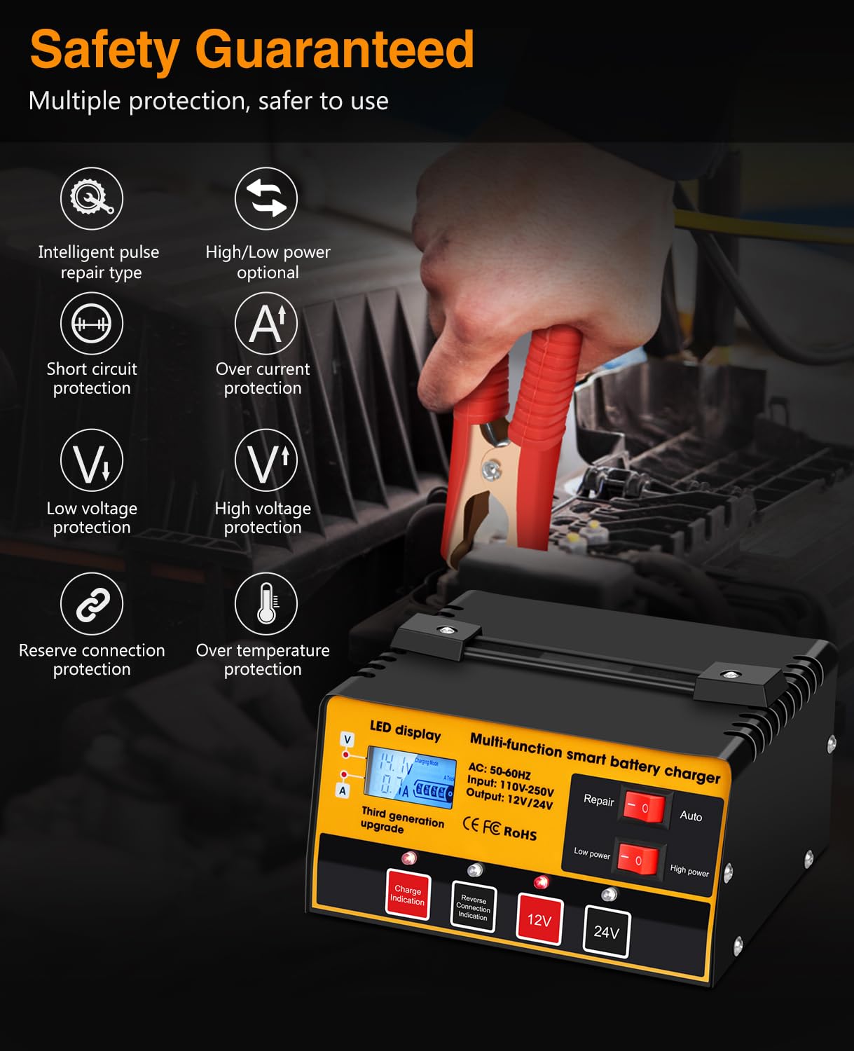 Outerman Car Battery Charger,12V-12A/24V-8.5AMP Smart Automatic Battery Charger,High/Low Power Trickle Charger Battery Maintainer,for Car Motorcycle Lawn Mower Marine