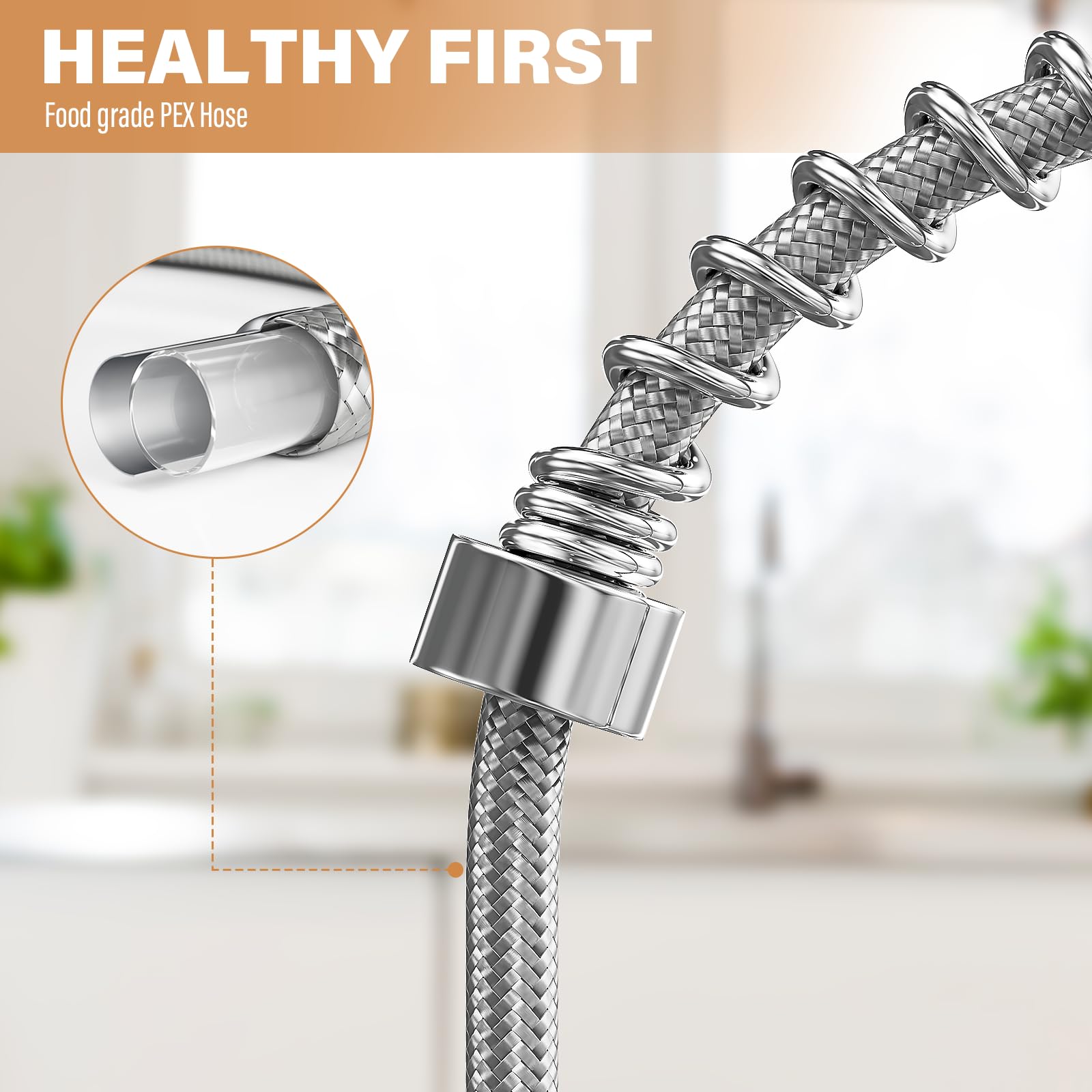 ModHm Pull-Out Kitchen Taps, Brushed Steel Single Handle High-Arc with Hot/Cold Dual Hose Kitchen Mixer Tap, Countertop 360° Swivel Dual Spray Modes Faucet, Easy Installation with Fittings Included