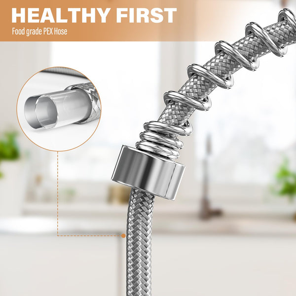 ModHm Pull-Out Kitchen Taps, Brushed Steel Single Handle High-Arc with Hot/Cold Dual Hose Kitchen Mixer Tap, Countertop 360° Swivel Dual Spray Modes Faucet, Easy Installation with Fittings Included