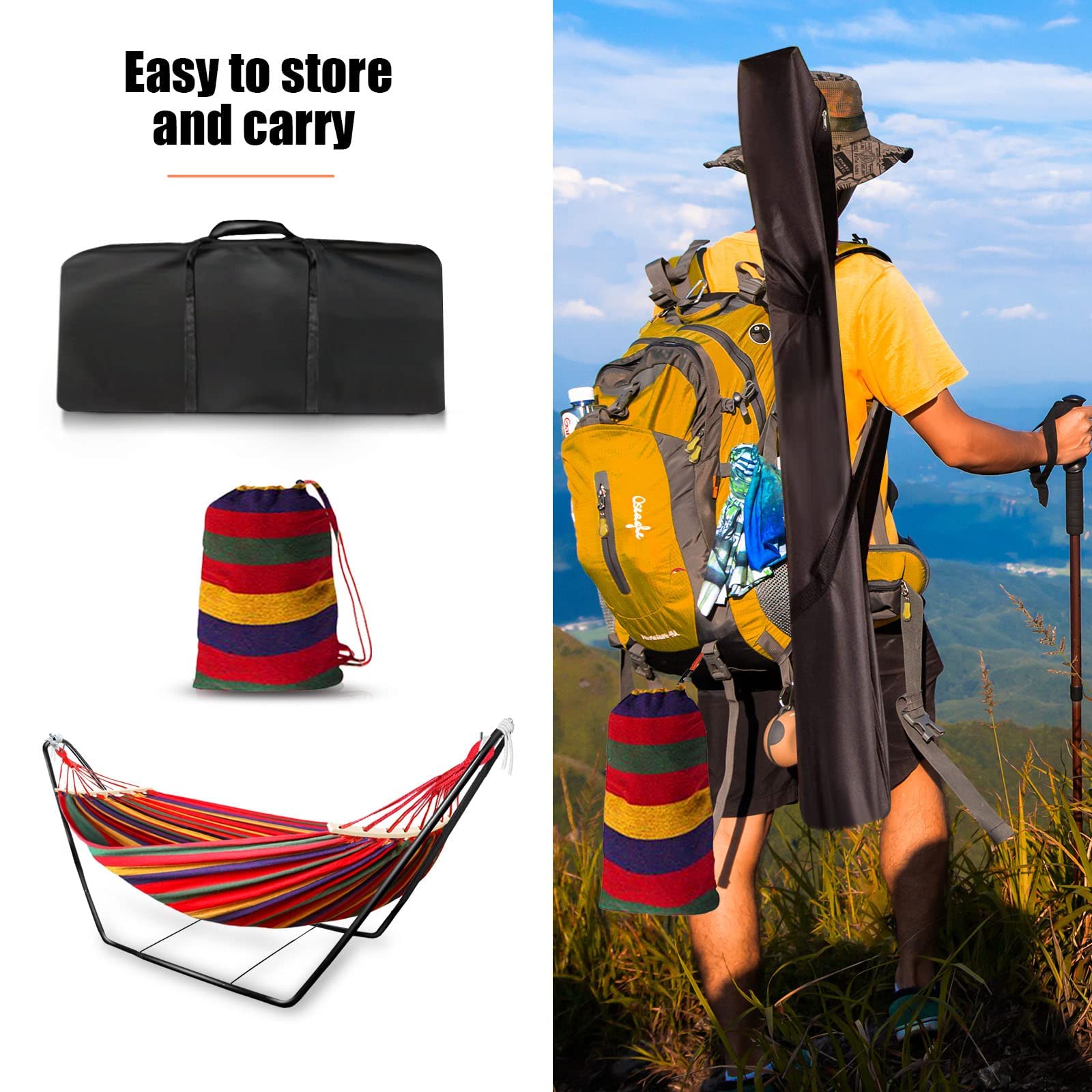 Hammock with Stand, Double Cotton Hammock with Spreader Bars, Space-Saving and Adjustable Steel Stand Perfect for Garden Camping Travel Backyard,