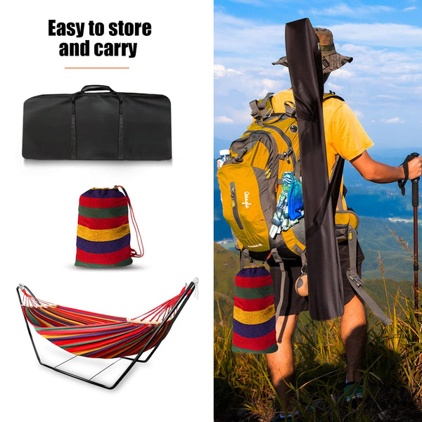 Hammock with Stand, Double Cotton Hammock with Spreader Bars, Space-Saving and Adjustable Steel Stand Perfect for Garden Camping Travel Backyard,