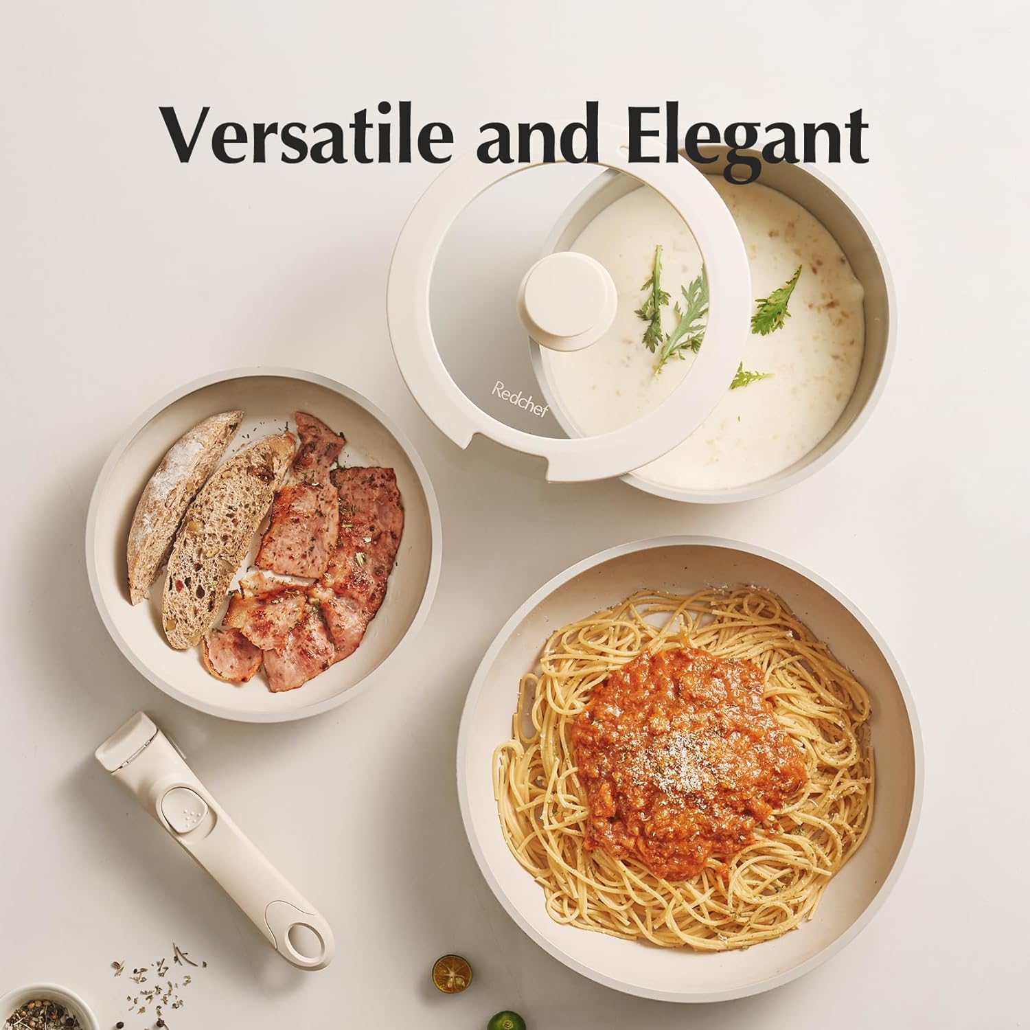 Redchef Ceramic Pots and Pans Set Non Stick, 16 pcs Nonstick Cookware Set with Detachable Handle, Non Toxic, PFAS PFOA & PTFE Free, RV Ceramic Cookware Set for Camping, Oven Safe (Pink)