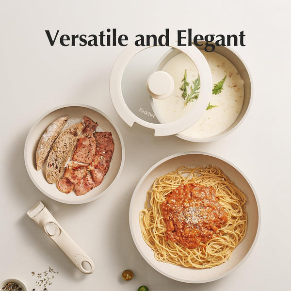 Redchef Ceramic Pots and Pans Set Non Stick, 16 pcs Nonstick Cookware Set with Detachable Handle, Non Toxic, PFAS PFOA & PTFE Free, RV Ceramic Cookware Set for Camping, Oven Safe (Pink)