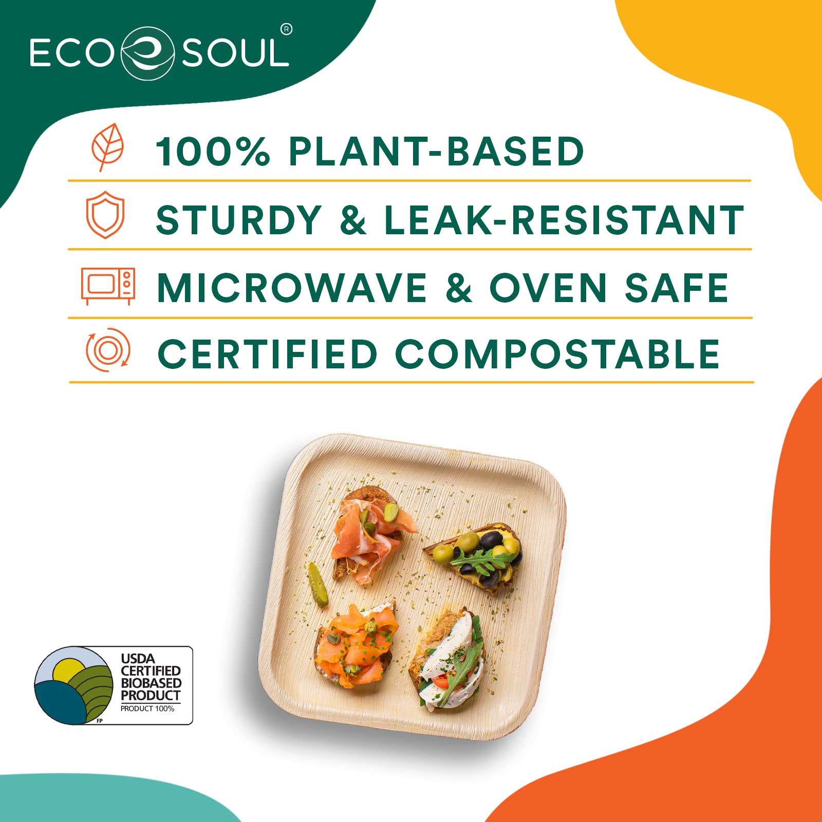 ECO SOUL 100 Disposable Palm Leaf Plates 8(20cm) Square Bamboo Plate I Eco Friendly, Biodegradable, Compostable Heavy-Duty Plate, Wooden Plates for