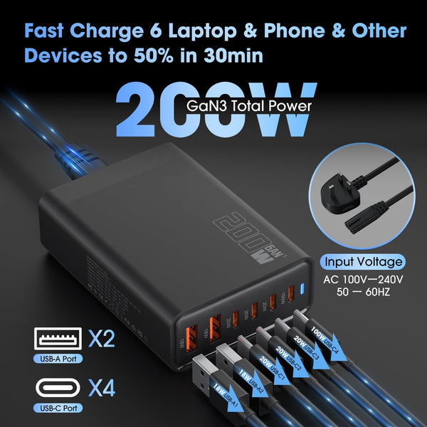 200W 6-Port USB Charging Station, PD 100W 65W 45W 20W 18W USB C GaN III Charger Laptop & Phone Fast Charger Plug, Compatible with MacBook Pro/Air,Dell XPS, iPhone 15/16/14/ Pro, iPads, Steam Deck
