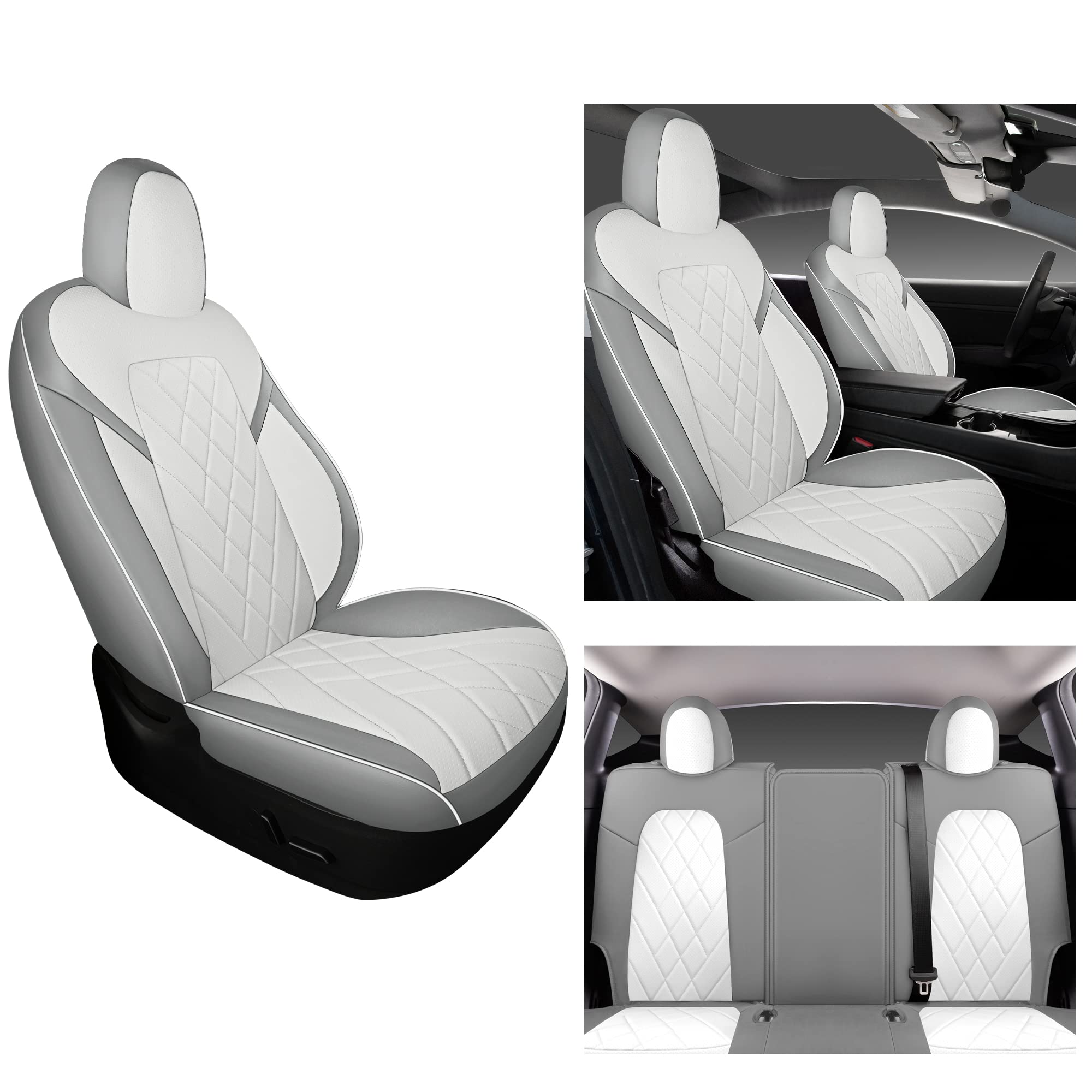 Tapha Faux Leather Seat Cover Set for Tesla Model 3 2017-2022, Breathable and Water-Resistant, Include Seat Covers for Front and Rear Seats (White/Grey)