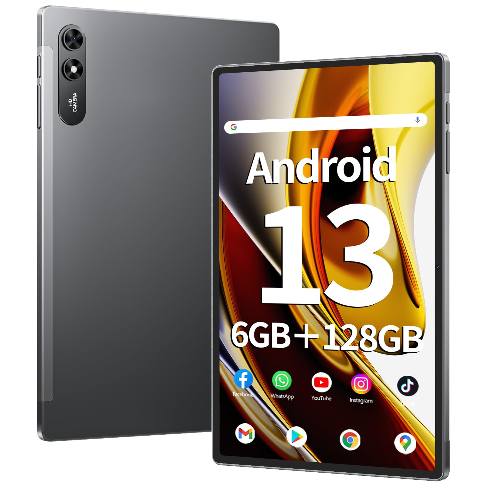 SGIN Tablet 10.51 Inch Android 13 Tablet 6GB RAM 128GB Storage, 1200 * 1920 FHD IPS Display, Octa-core Processor, Dual Camera(5MP+13MP), WiFi, Bluetooth, GPS, Type-C, GPS, 6200mAh Battery