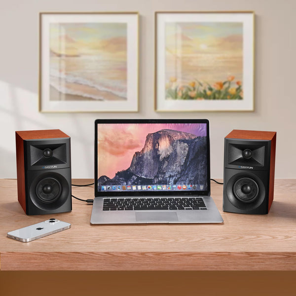 Sanyun SW203 4.0 Computer Speakers - 60W 4-Way DSP Control 3D Immersive Sound - 3" Carbon Fiber Woofer & 20mm Silk Dome Tweeter - 24bit DAC USB/Bluetooth 5.4/AUX - Studio-Grade Audio (Pair, Black)