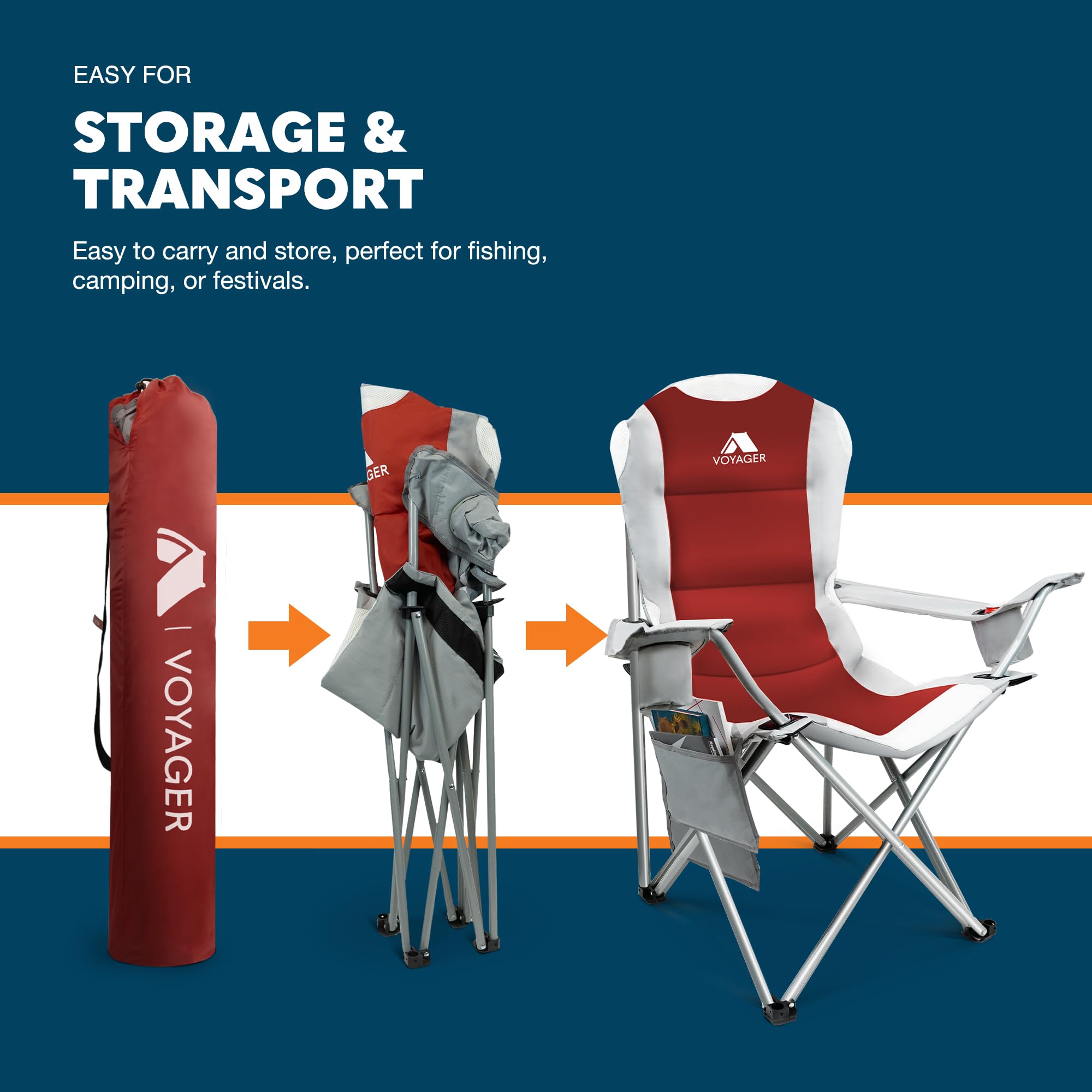 Voyager Folding Camping Chairs 2 Pack with Cooler Bag, Lightweight Q195 Steel Frame, 600D Oxford Fabric, Portable & Comfortable - Black (Black, Padded)