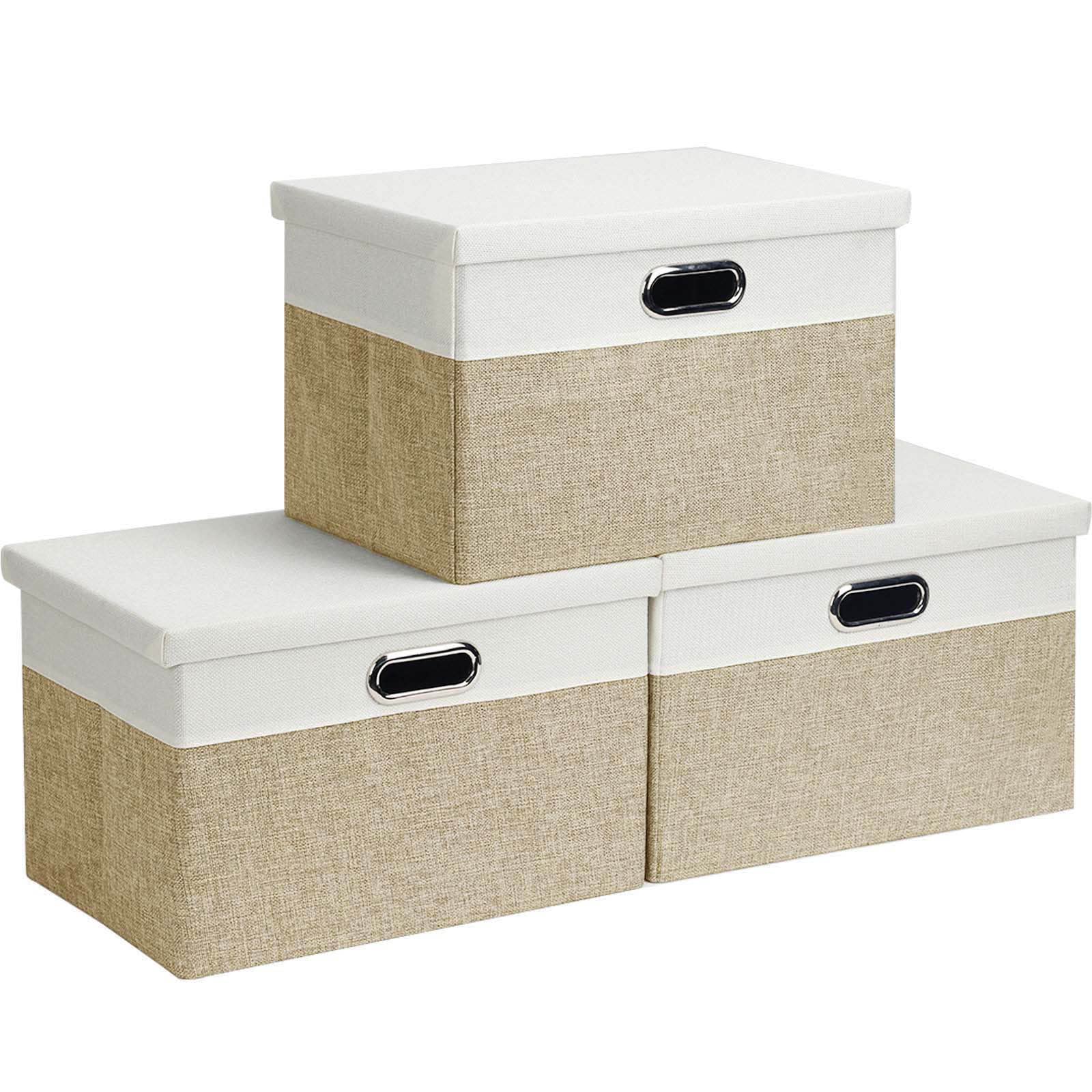 Febzoce Storage Boxes with Lids, Storage Baskets for Shelves Foldable Fabric Storage Bins Organizer for Home and Office Light Brown and White Extra