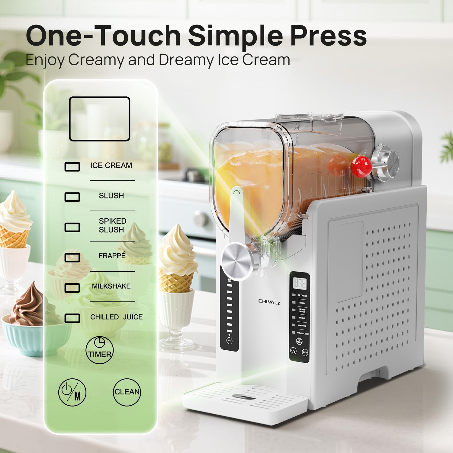 CHIVALZ Slush Machine, Frozen Drink Machine, No Ice Needed, 12H Pre-Scheduling, LED Display, Self-Cleaning, Makes Slushies, Milkshakes, Frappés & Cocktail, AD03, Black, 6 Preset Programs +1 Pack
