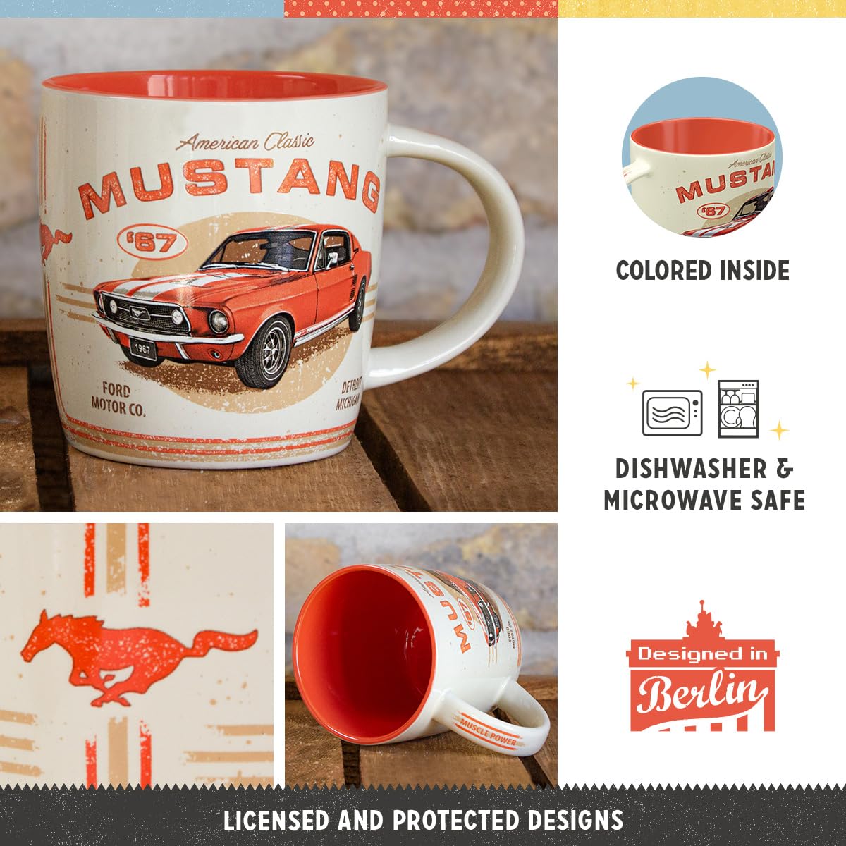 Nostalgic-Art Retro Coffee Mug 330ml Ford Mustang - GT 1967 Red - Gift Idea for Ford Accessories Fans Original Licensed Product (OLP) Ceramic Mug Vintage Design