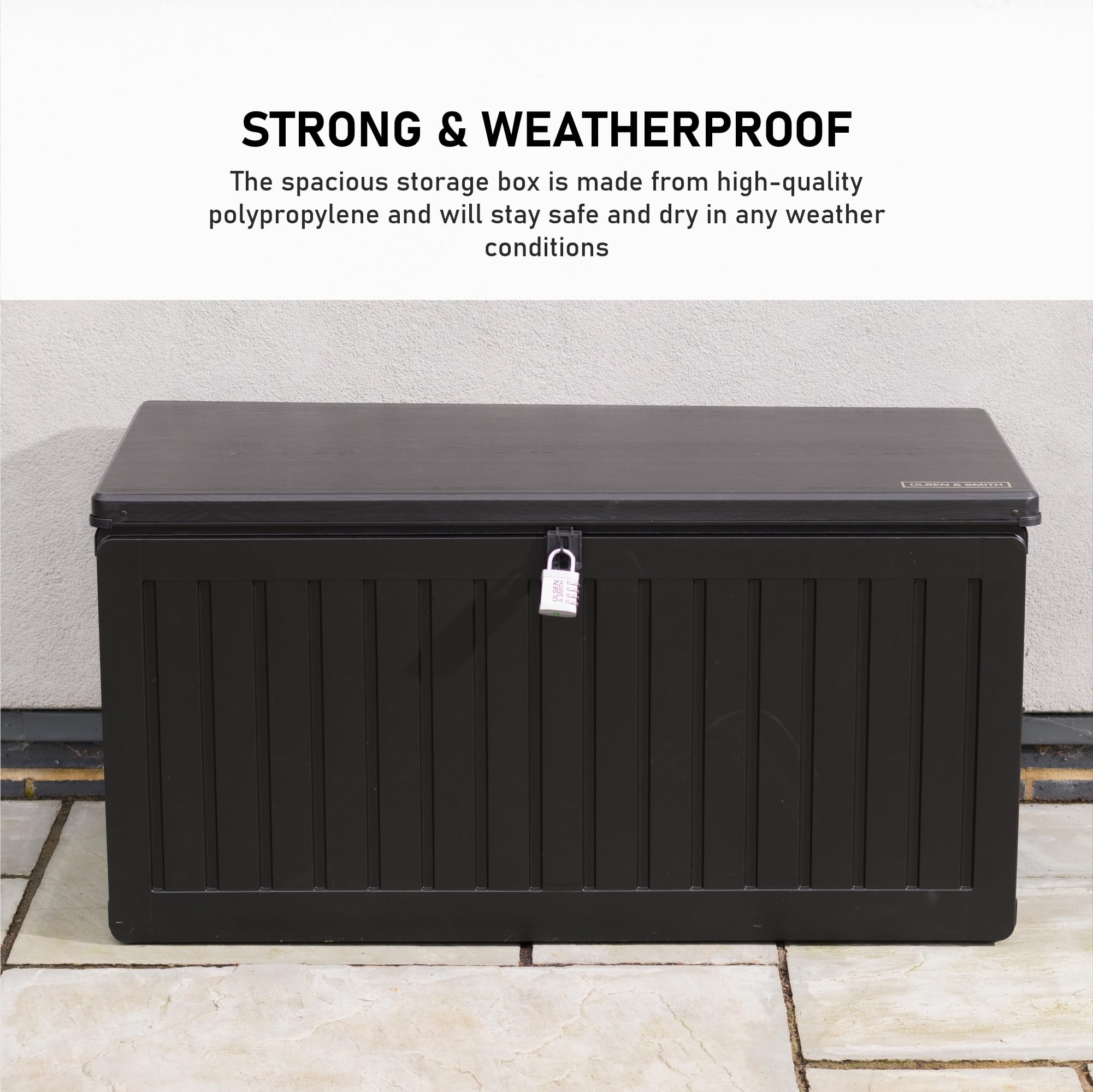Olsen & Smith 680L Large Garden Storage Box - Weather Resistant Heavy Duty Garden Box with Padlock & Wood Effect - Huge Capacity Outdoor Storage Chest for Tools, Cushions, Toys & More (Anthracite)