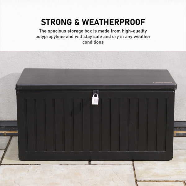 Olsen & Smith 680L Large Garden Storage Box - Weather Resistant Heavy Duty Garden Box with Padlock & Wood Effect - Huge Capacity Outdoor Storage Chest for Tools, Cushions, Toys & More (Anthracite)