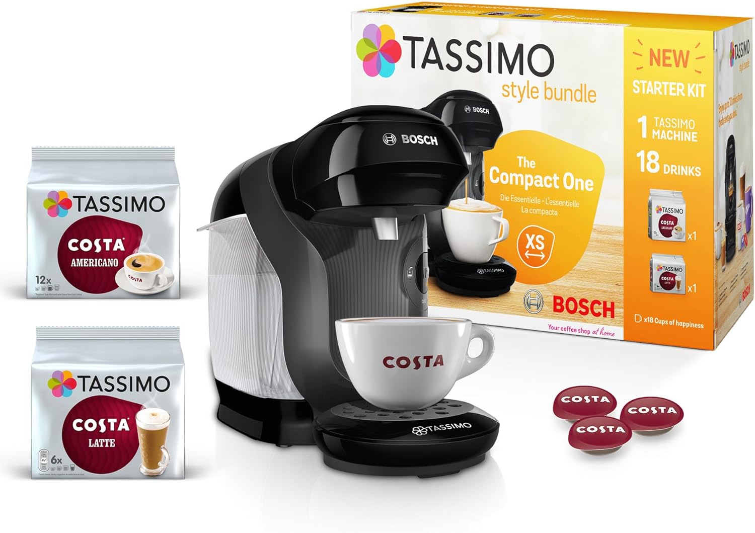 Tassimo by Bosch Style Pod Coffee Machine with Costa Americano & Costa Latte Starter Bundle, TAS1102GB2- Black