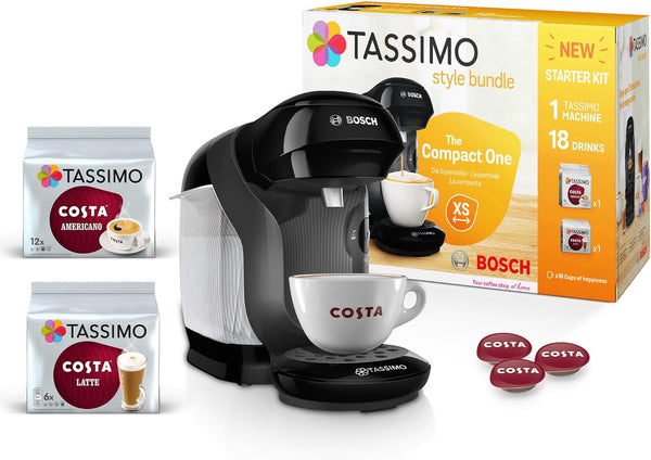 Tassimo by Bosch Style Pod Coffee Machine with Costa Americano & Costa Latte Starter Bundle, TAS1102GB2- Black