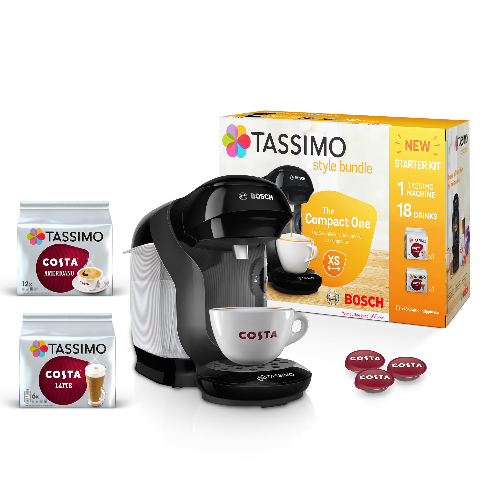 Tassimo by Bosch HAPPY Friendly Pod Coffee Machine with descaling bundle (x4 tablets included) TAS102EAGB, Black