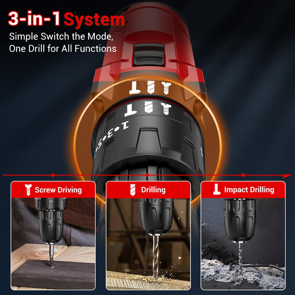 LEEIKOO Cordless Drill, 21V Electric Drill 42N.m with 2.0Ah Battery, Combi Set 10mm Chuck, 2 Speeds, 18+1 Torque, LED Light, 20pcs Drill Set for Garden DIY Project, Grey