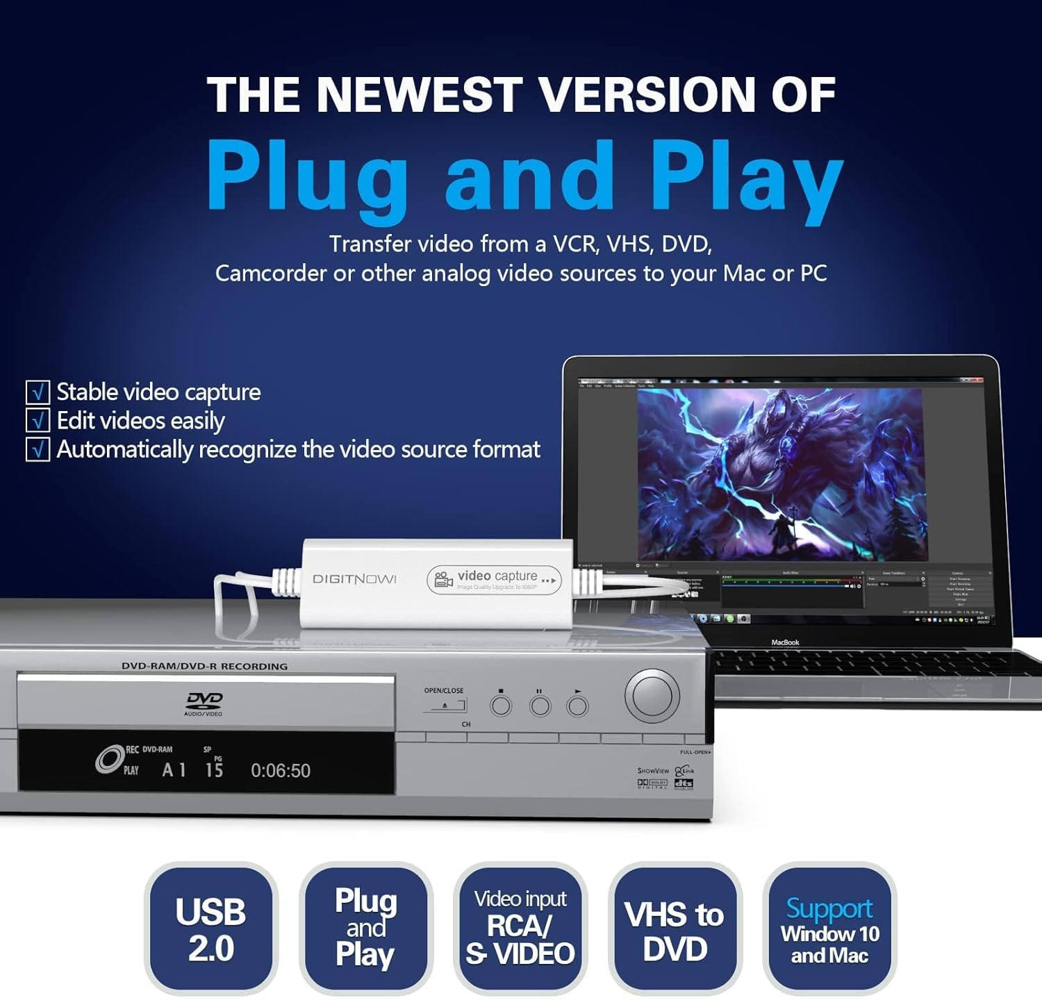 DIGITNOW! USB 2.0 Video Capture Card- Pro+ Version VHS to digital converter 1080P 30Hz, suitable for Mac OS,Android, WinXP/7/8/10