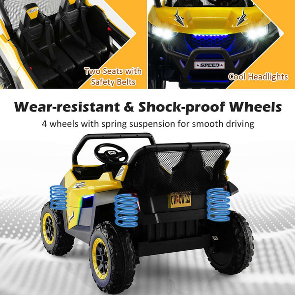 Kids Electric UTV, 2-Seater 12V Battery Powered Toy Car with Remote Control, Lights, Bluetooth, MP3, USB, FM, High/Low Speed & Suspension Spring, Children Ride on Car for 3-8 Years Old (Yellow)