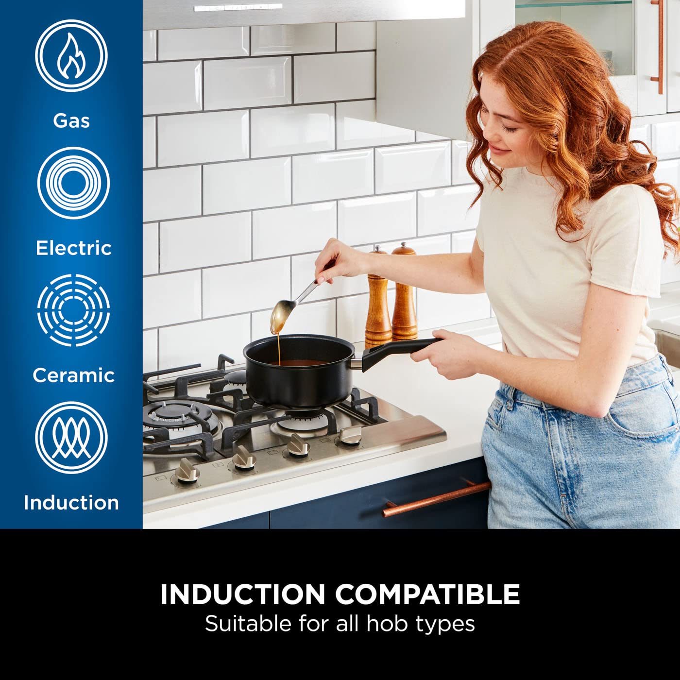 Ninja ZEROSTICK Classic 5-Piece Pan Set [CW55000UK] Aluminium Cookware, Induction Compatible, Dishwasher Safe, Oven Safe to 180°C, Glass Lids, Black