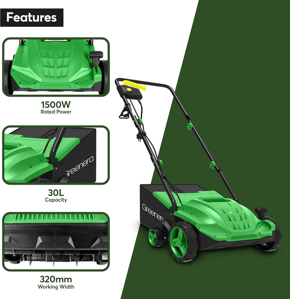 1500w Electric 1500w Electric Lawn Scarifier Aerator Lawn Rake 30L Collection Box 32cm Working Width 4 Adjustable Scarifying Heights 2 Interchangeable Rollers Foldable Handles 10M Cable Length