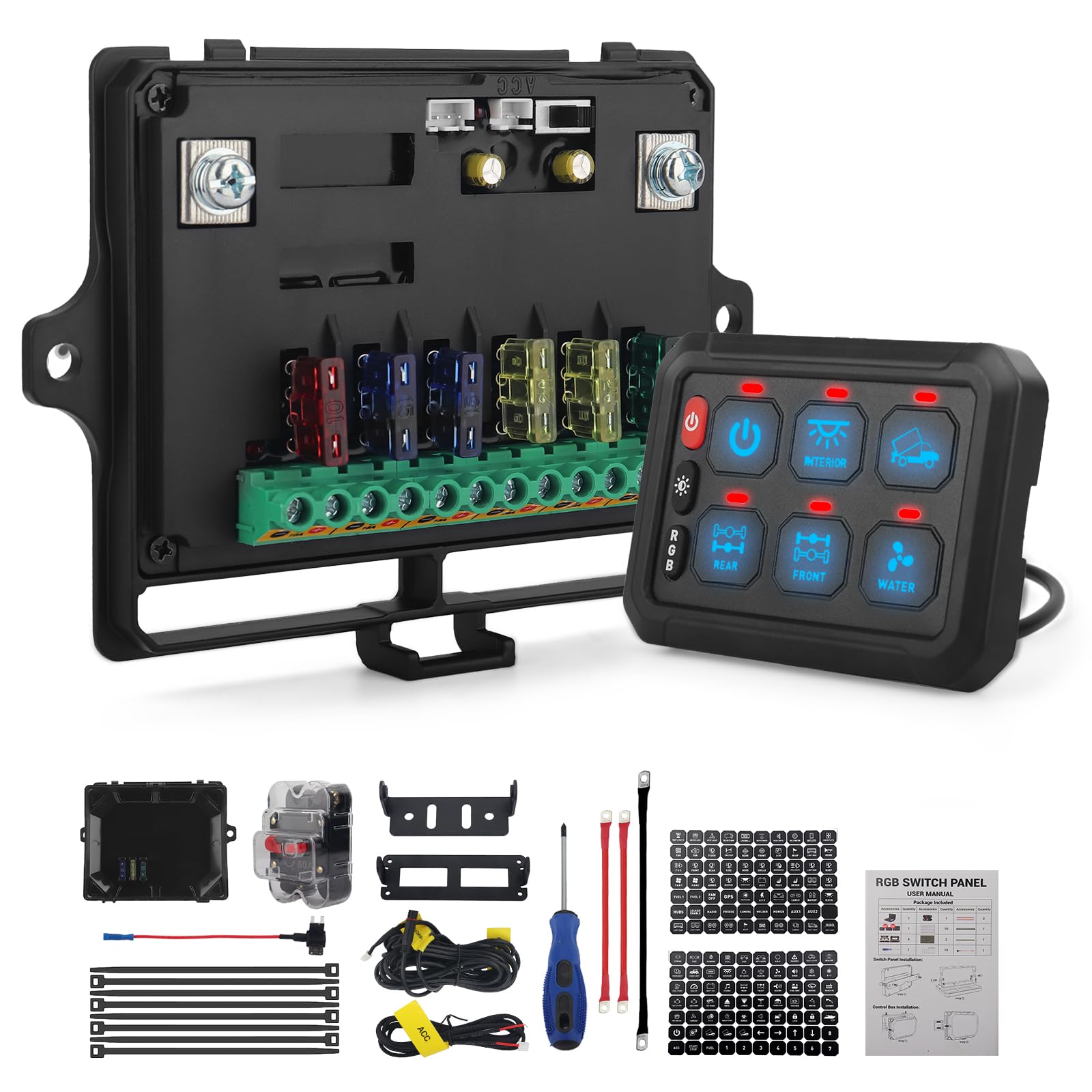 Chelhead 12V/24V Switch Control Panel RGB 6 Gang Dimmable Multi-Function Programmable Switch Panel Acc Battery Control Waterproof, Compatible with Truck Boat SUV RV Trailer Marine ATV UTV