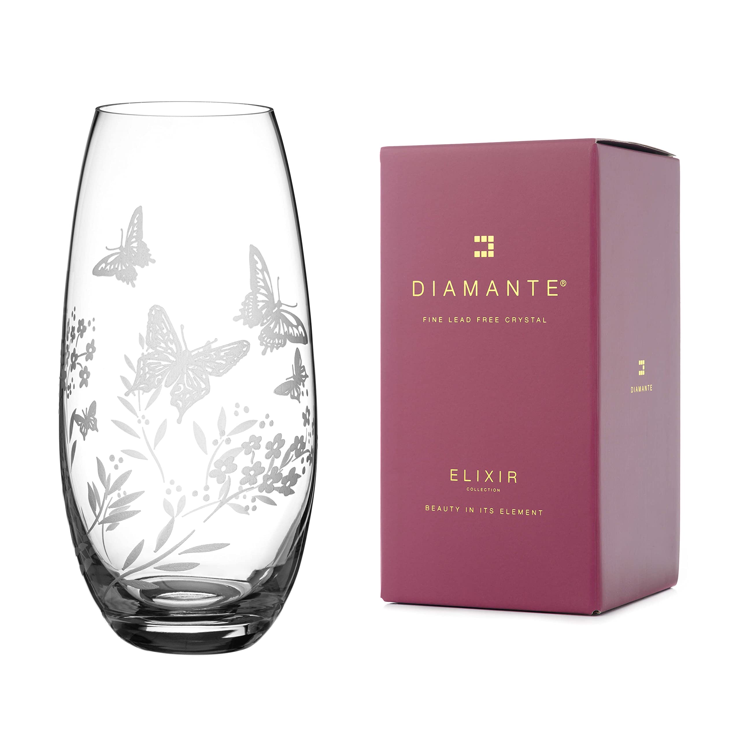 DIAMANTE 'Butterfly' Vase - Hand Etched Butterfly Wild Flowers Floral Pattern Barrel Vase - 25cm Clear