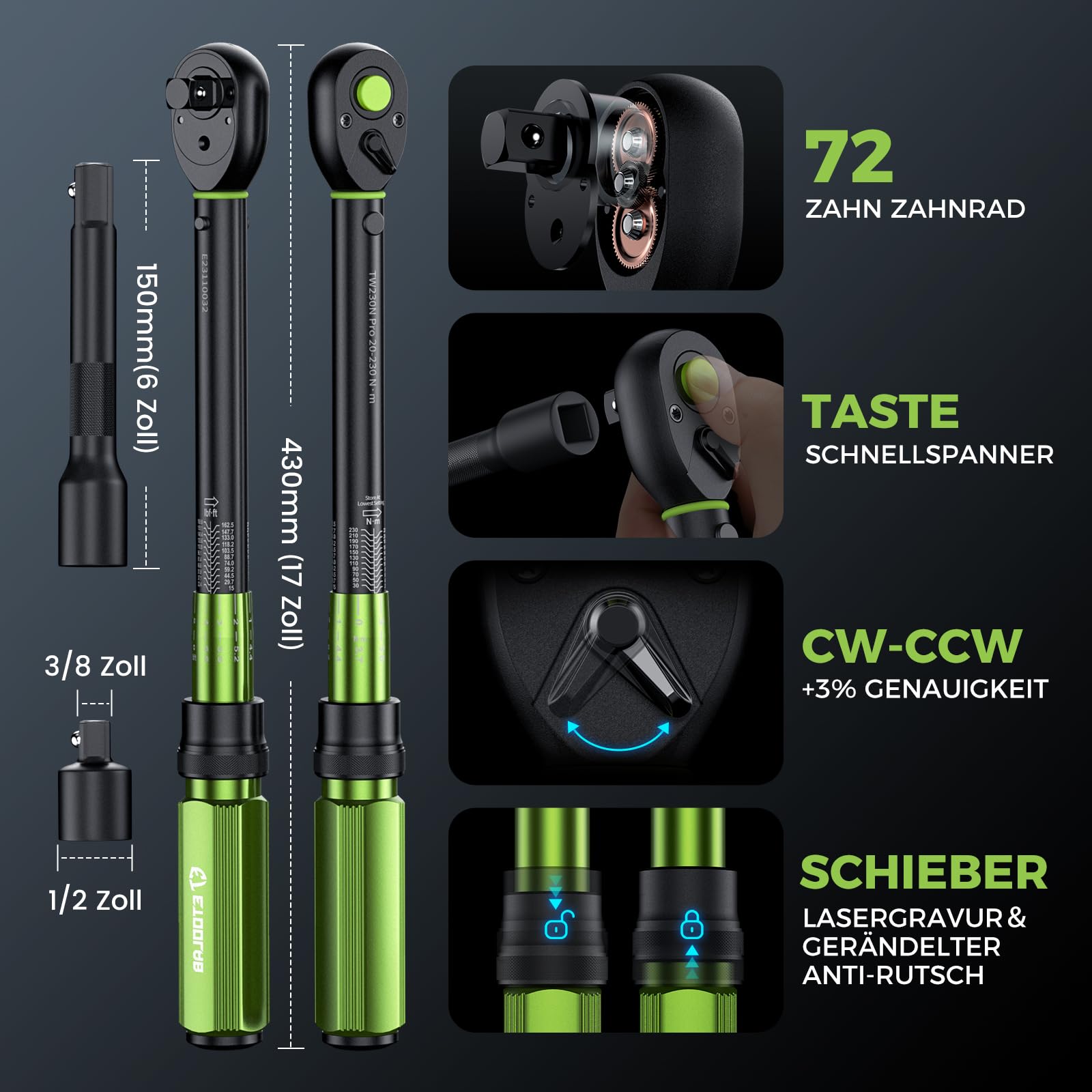 ETOOLAB 1/2 Torque Wrench Dual-Range【20-230Nm/10-170lbf-ft】±3% Precision, 72 Tooth Dual-Direction Adjustable Torque Wrench for Bicycle, Moto, Car Maintenance—3pcs