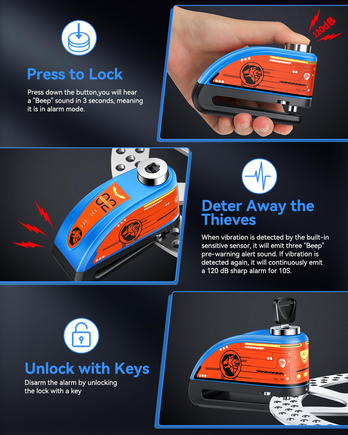 ZEXMTE Motorbike Disc Lock with Alarm, Rechargeable 120dB Anti-Theft Alarm with 5.9 FT Reminder Cable, Heavy-duty Motorcycles Locks Waterproof Disc Lock for Motorcycle, Bike, Scooter, E-Bike