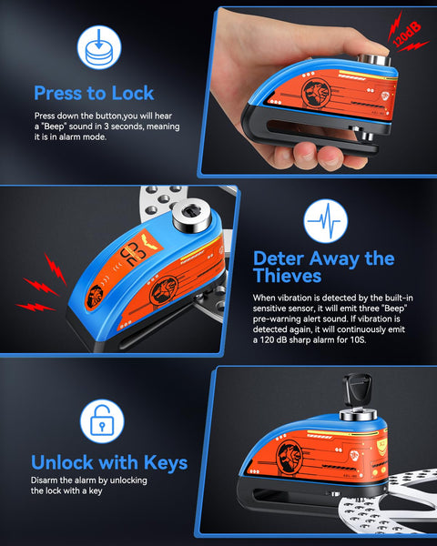 ZEXMTE Motorbike Disc Lock with Alarm, Rechargeable 120dB Anti-Theft Alarm with 5.9 FT Reminder Cable, Heavy-duty Motorcycles Locks Waterproof Disc Lock for Motorcycle, Bike, Scooter, E-Bike