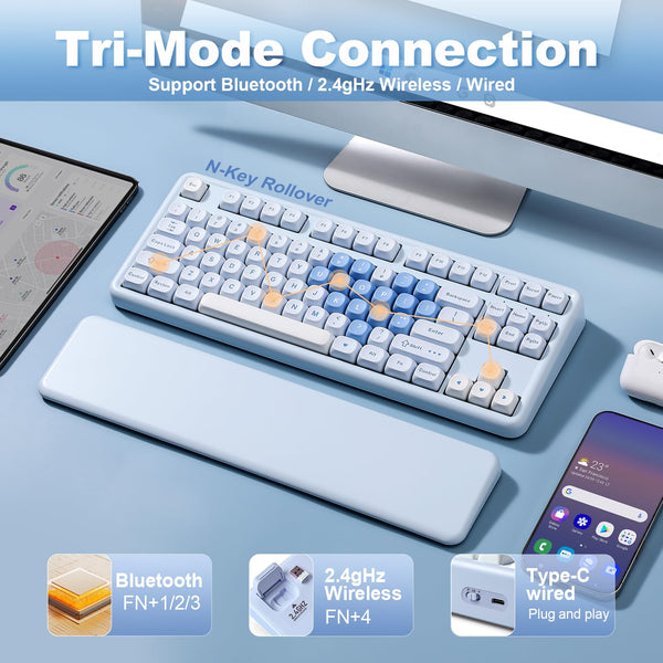 YUNZII B87 Wireless Mechanical Keyboard,QMK/VIA Software Custom Gaming,Gasket RGB Keyboard with Cute MOA Keycaps,Wrist Rest,BT5.0/2.4G/USB-C NKRO for Win/Mac (butter, milk v2 linear)