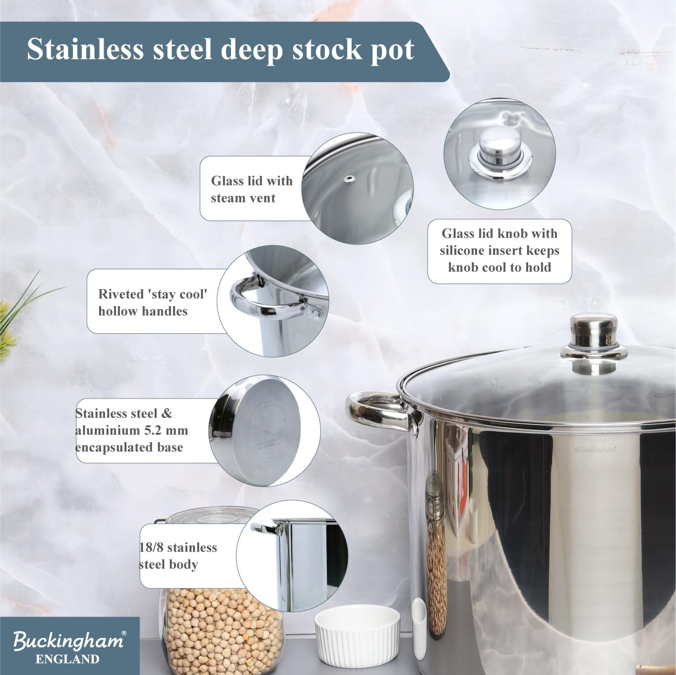 Buckingham Stainless Steel Stock Pot with lid Multipurpose Large Cooking Pot for Soups Stews (11 Litre)