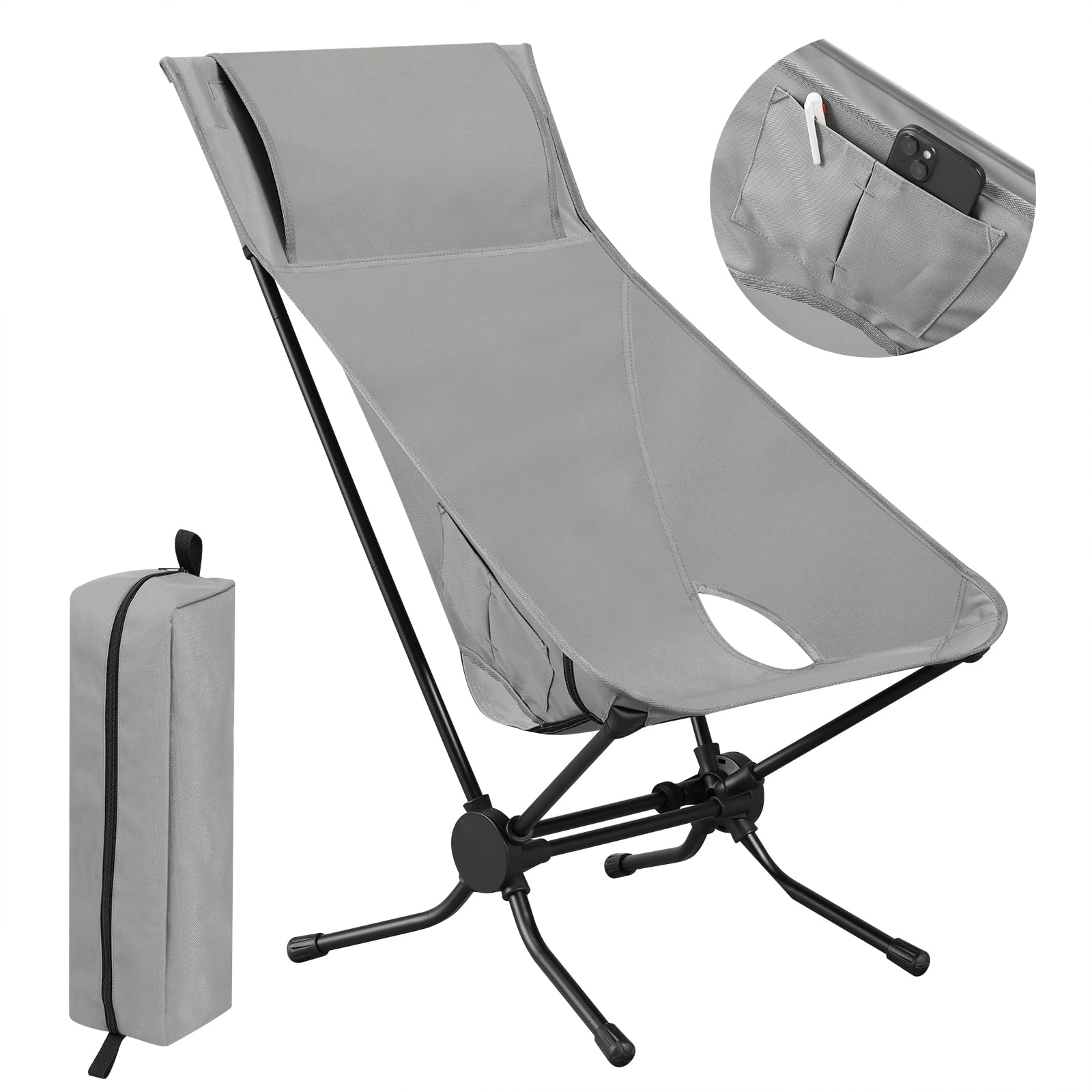 WOLTU Folding Camping Chair, Ultra Lightweight Alu Outdoor Chair, High Back, Portable Chair with Carrying Bag for Fishing, Picnic, Hiking, Heavy Duty 150kg Capacity, Black