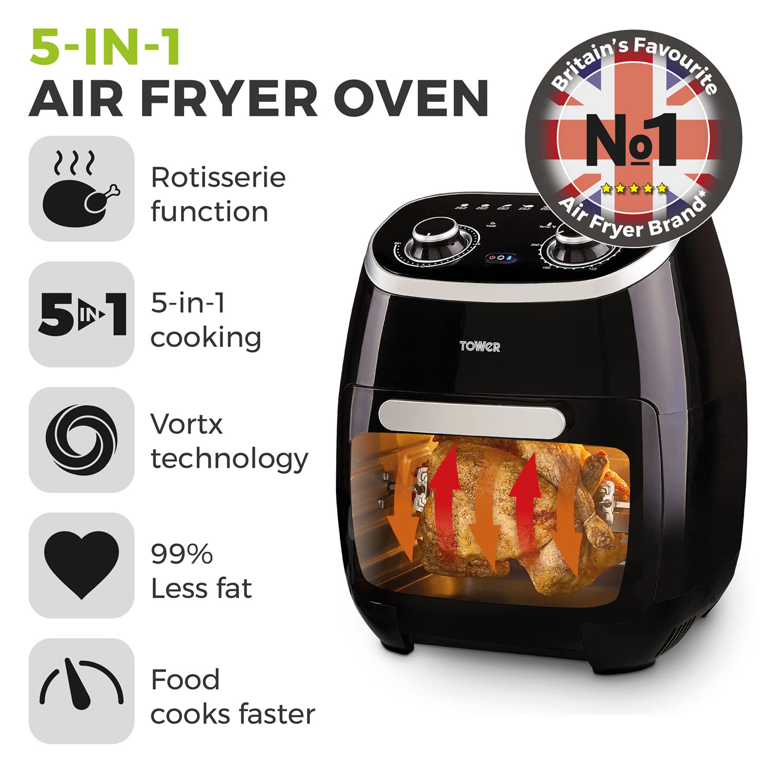 Tower T17122 Vortx Platinum Xpress Digital 30L Air Fryer Oven with Vizion Viewing Window, 18 Cooking Options, 2 Hour Timer, 1800W, Black