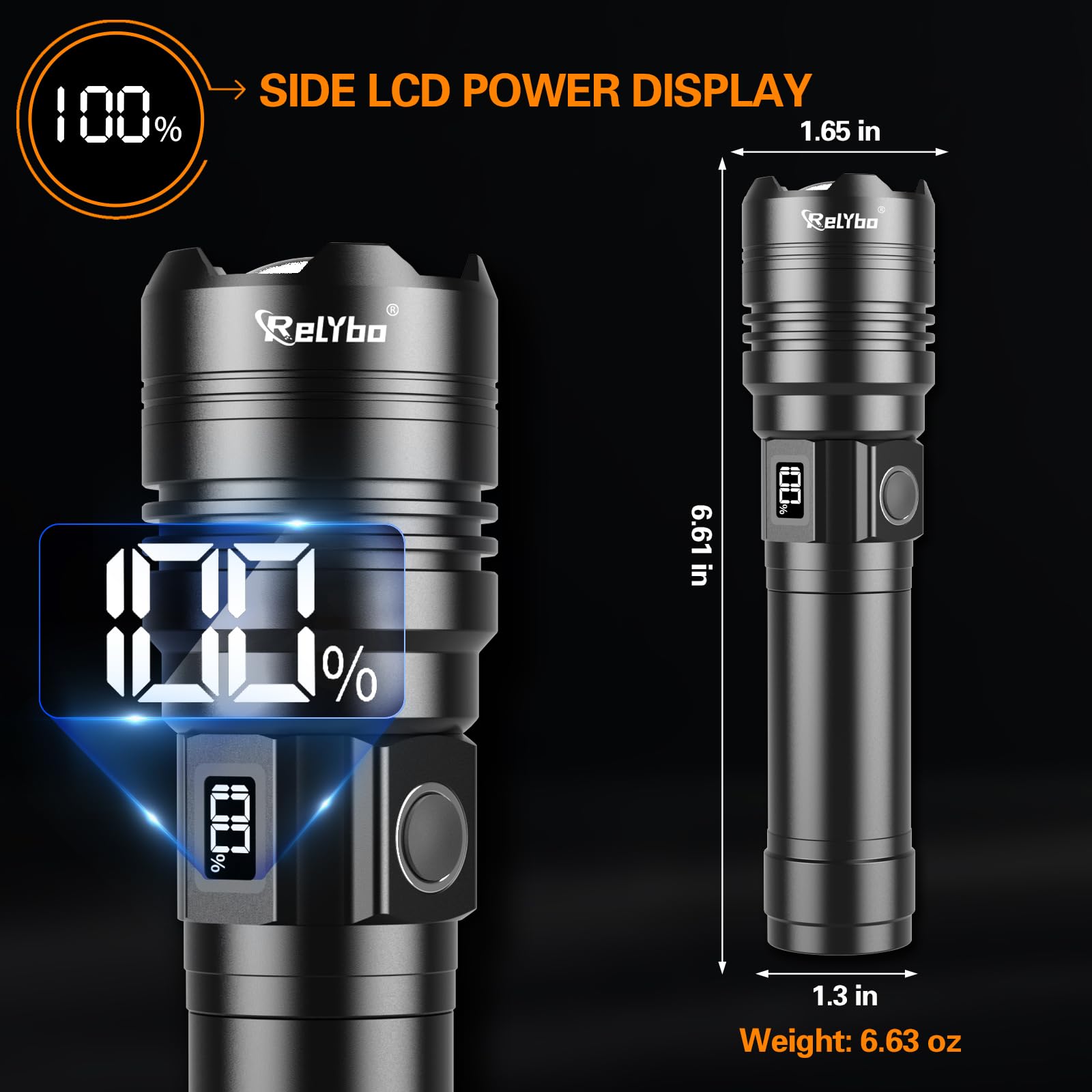 Relybo Torches LED Super Bright Rechargeable, Flashlight 500000 Lumens XHQ99 Torches Battery Powered, Tactical LED Torch Rechargeable, Powerful Torch Flash Light for Dog Walking Camping Emergency Gift