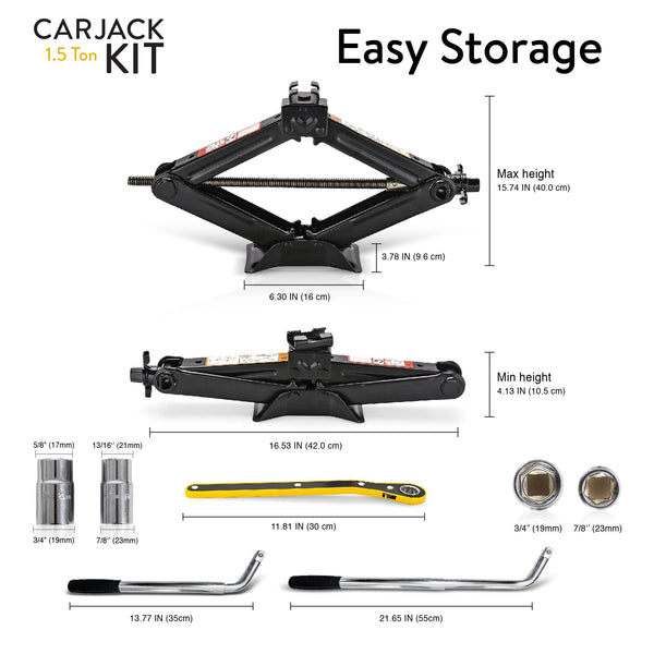 Car Jack Kit | Scissor Jack for Car 1.5 Ton (3,300 lbs) - Tire Jack Tool Kit | Portable, Ideal for SUV and Auto - Universal Emergency Kit with Lug Wrench | Heavy Duty Material
