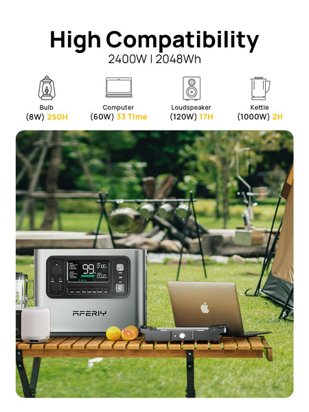 AFERIY Portable Power Station 2400W, 2048Wh Solar Power Station Control Via App, 13 Output Ports, 4 Input Ways, 3x 230V AC Outlets, LiFePO4 Battery, Solar Generator for Travel/Camping/Home Backup