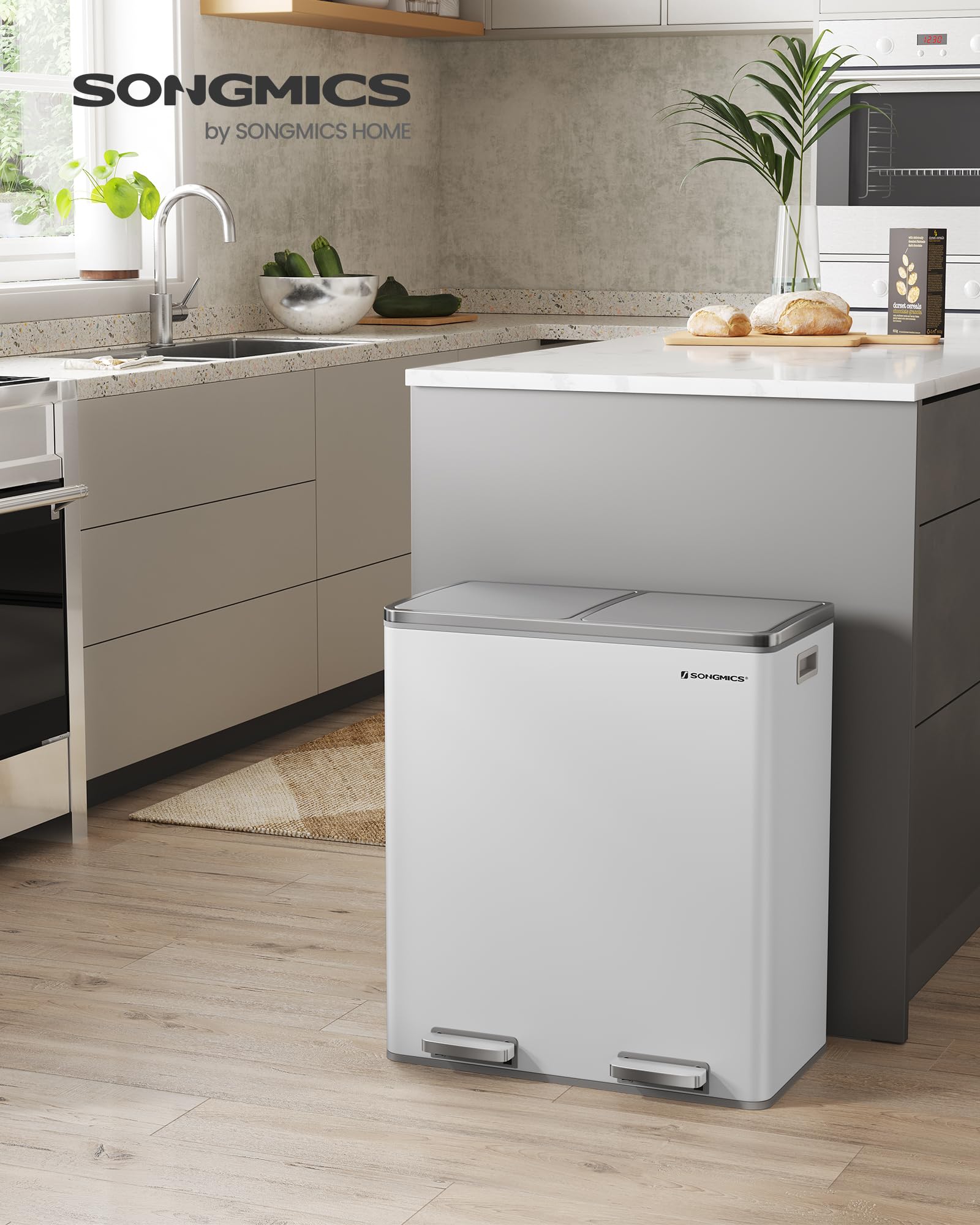 SONGMICS Dual Rubbish Bin, 2 x 30 L Recycling Bin with 15 Rubbish Bags, 2-Compartment Metal Pedal Bin with Lids and Plastic Inner Buckets, Soft Closure, Slate Grey LTB060G01