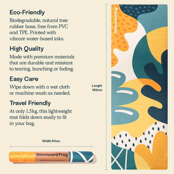 Downward Frog Printed Yoga Mat for Bikram, Hot Yoga, Fitness & Pilates - Light, Foldable, Travel Mat - Eco Natural Rubber, Vegan, Microfibre Towel