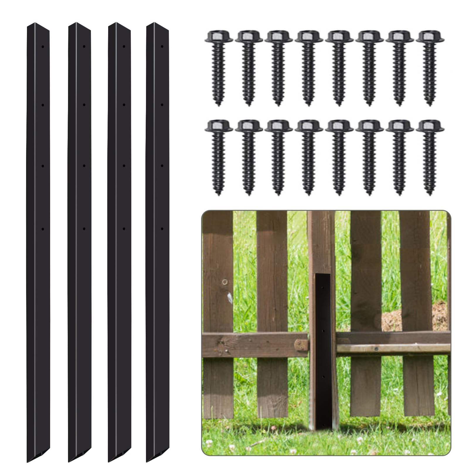 Fence Post Repair Spike - 2 Pack Heavy Duty Fence Post Support Ground Spike for Tilted or Broken Wooden Fence Posts, Durable Garden Fencing Solution