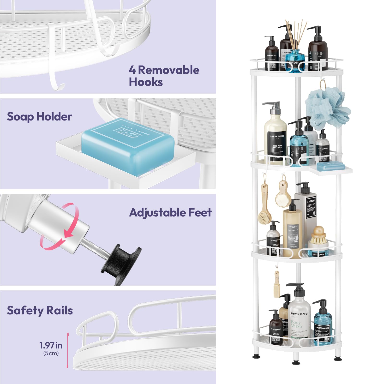 SWTYMIKI Corner Shower Caddy Standing - 4 Tier Stainless Steel Shower Organizer Stand with 4 Hooks & Soap Holder, Rustproof Metal Standing Tall Floor