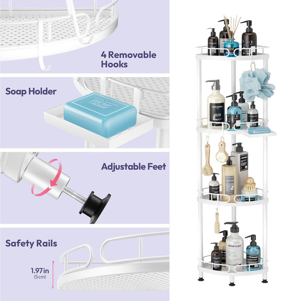 SWTYMIKI Corner Shower Caddy Standing - 4 Tier Stainless Steel Shower Organizer Stand with 4 Hooks & Soap Holder, Rustproof Metal Standing Tall Floor
