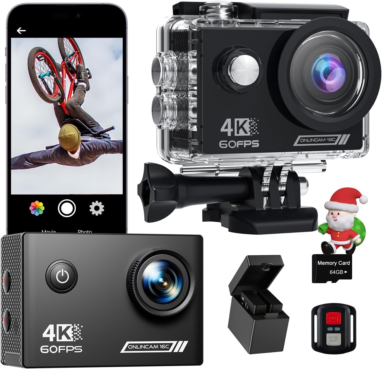 Yolansin 4K 60FPS Waterproof Action Camera: 64G SD Card 131ft Underwater Camera,HD 48MP Waterproof Camera,WiFi Sports Cameras with 2 Batteries Helmet Mount Accessories Kits