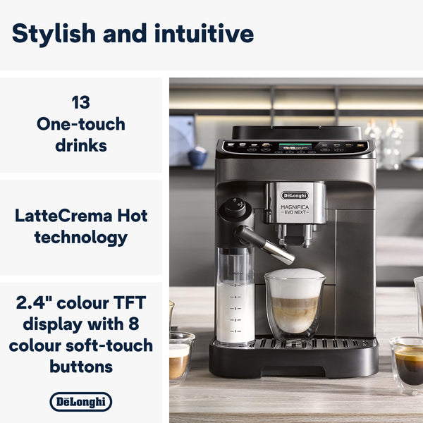De'Longhi Magnifica Evo Next ECAM312.80.TB, Automatic Coffee Machine With Automatic Milk Frother, Bean To Cup Coffee and Cappuccino Machine with Intuitive Touch Display, Black/Titanium
