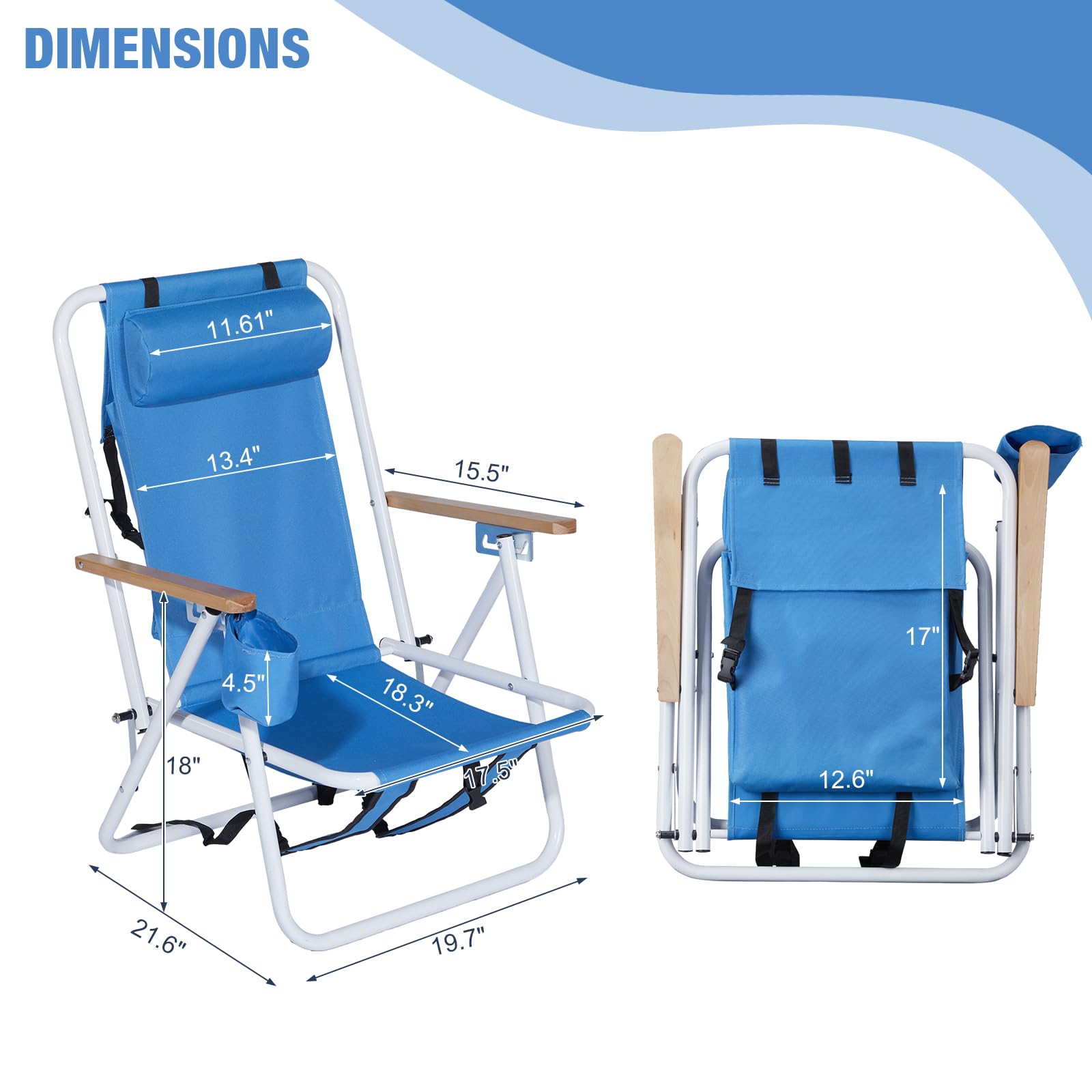 Outopee Set of 2 Folding Beach Chair, Portable Camping Backpack Beach Chair with 4 Level Positions, Adjustable Headrest, Cup Holder for Fishing Poolside Picnic, 120kg Capacity, Blue