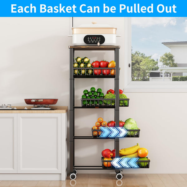 Fruit Vegetable Storage Basket for Kitchen, 5 Tier Large Pull-Out Metal Wire Baskets with 4 Pack Mats Bottom, Wood Top and Wheels, Vegetable Produce